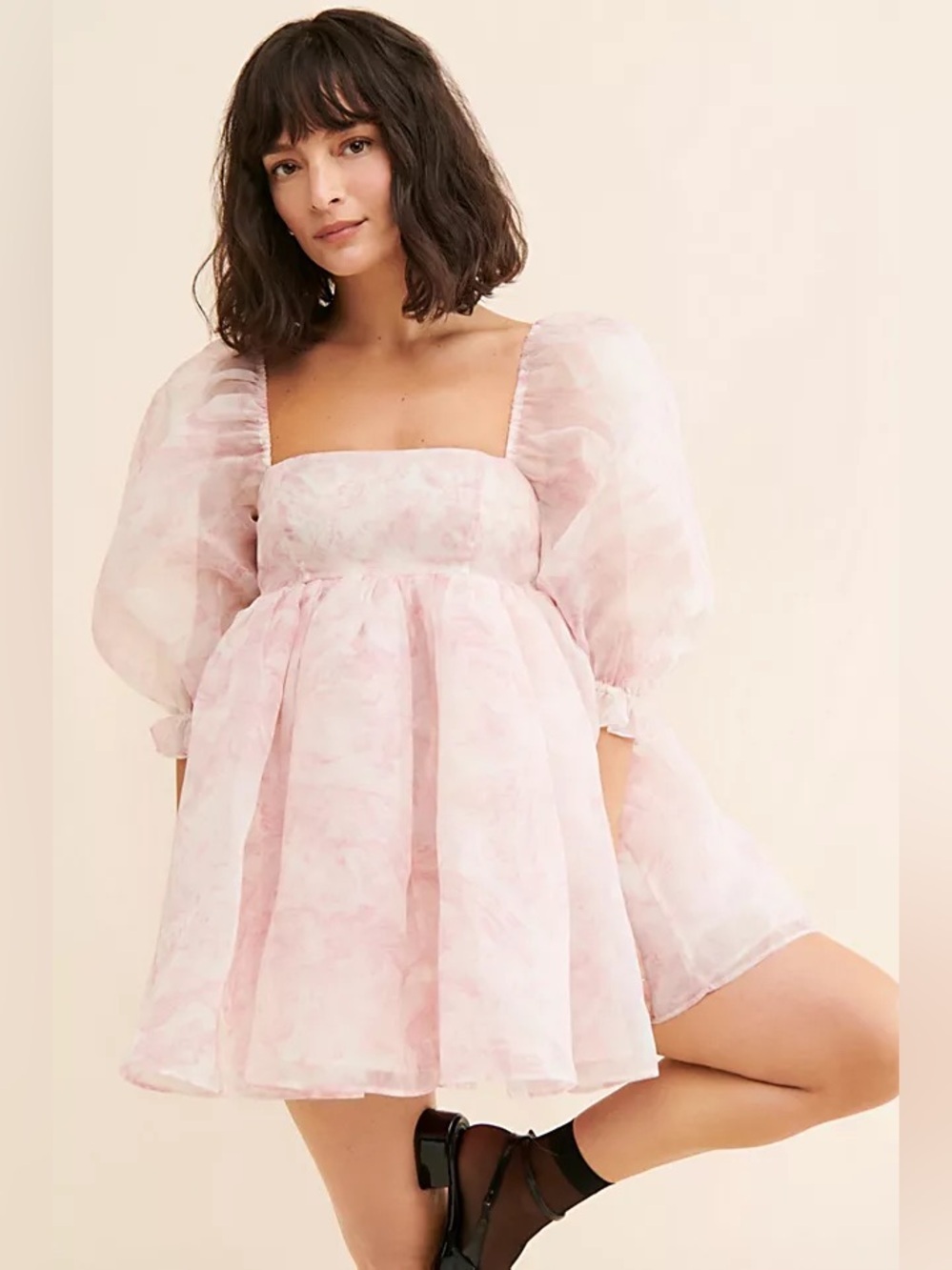 Selkie Pink Puff-Sleeve Square-Neck Mini Dress Organza Large